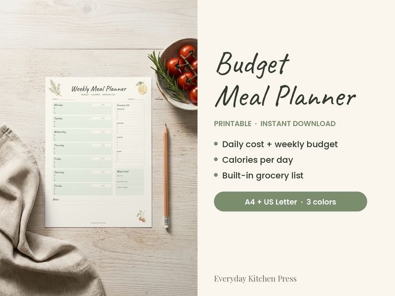 Budget Meal Planner printable on a kitchen table, with its key features listed