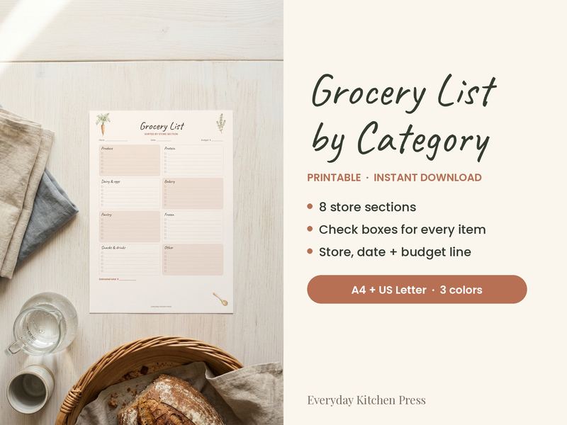 Grocery List by Category printable on a kitchen table, with its key features listed