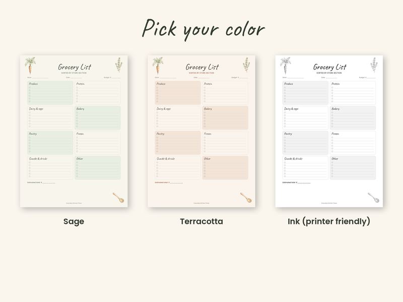 The Grocery List by Category in three colors: Sage, Terracotta and Ink (black & white)