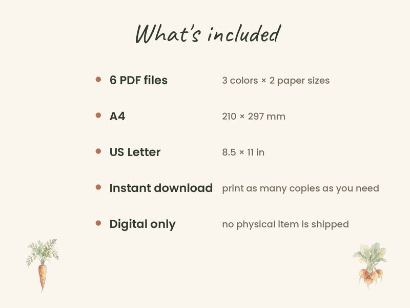 What's included: 6 PDF files in A4 and US Letter, instant download, digital only