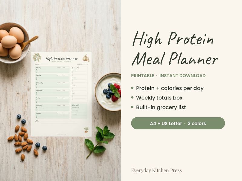 High Protein Meal Planner printable on a kitchen table, with its key features listed